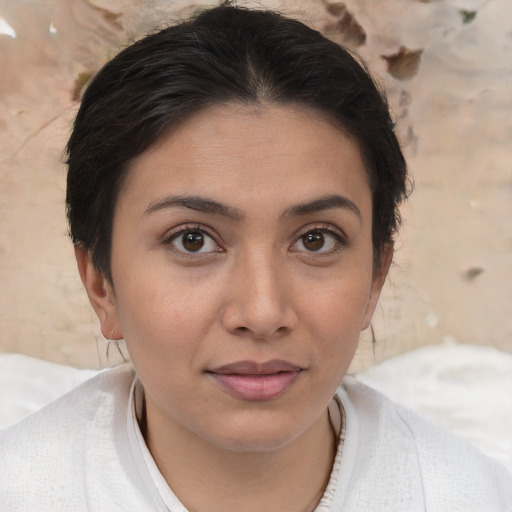 Joyful white young-adult female with medium  brown hair and brown eyes