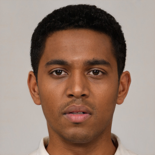 Neutral black young-adult male with short  black hair and brown eyes