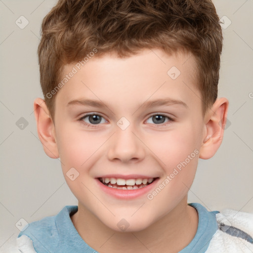 Joyful white child male with short  brown hair and brown eyes