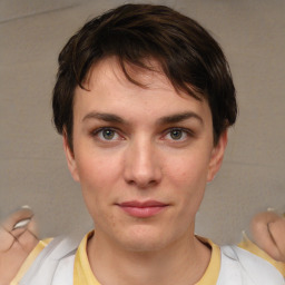 Neutral white young-adult female with short  brown hair and brown eyes