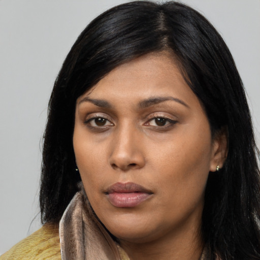 Neutral asian young-adult female with long  black hair and brown eyes