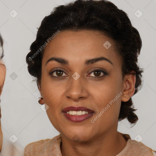 Joyful latino young-adult female with short  brown hair and brown eyes