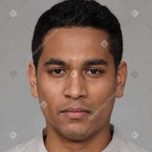 Neutral latino young-adult male with short  black hair and brown eyes