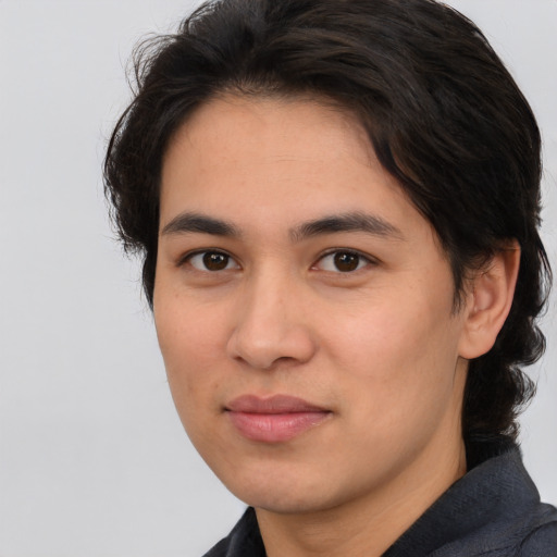 Joyful asian young-adult male with medium  brown hair and brown eyes