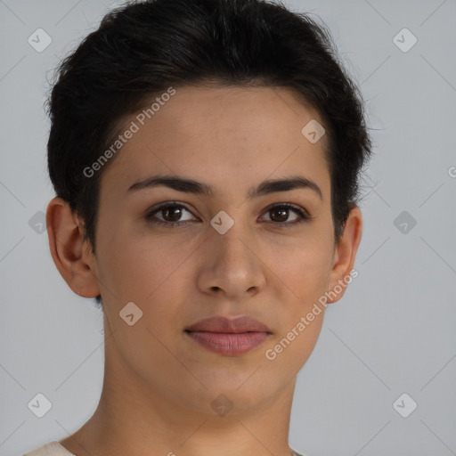 Joyful latino young-adult female with short  brown hair and brown eyes