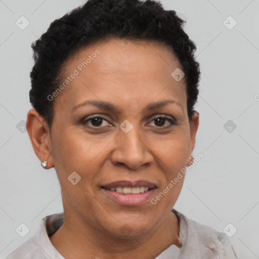 Joyful latino adult female with short  brown hair and brown eyes