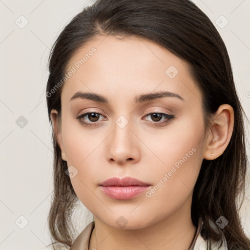 Neutral white young-adult female with long  brown hair and brown eyes