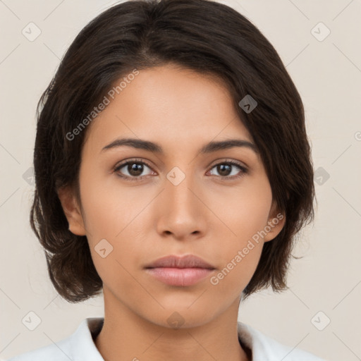 Neutral white young-adult female with medium  brown hair and brown eyes