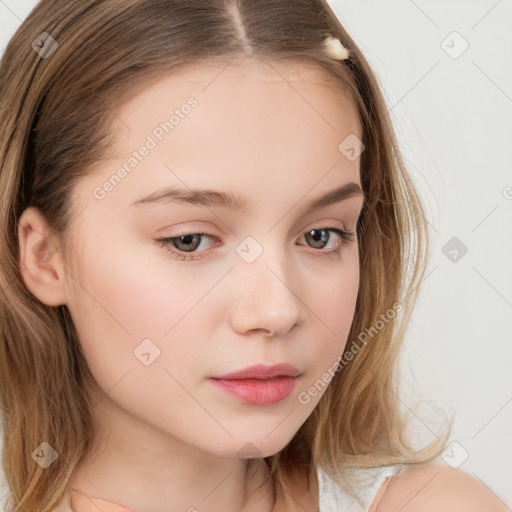 Neutral white young-adult female with long  brown hair and grey eyes