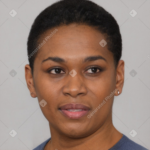 Joyful latino young-adult female with short  black hair and brown eyes