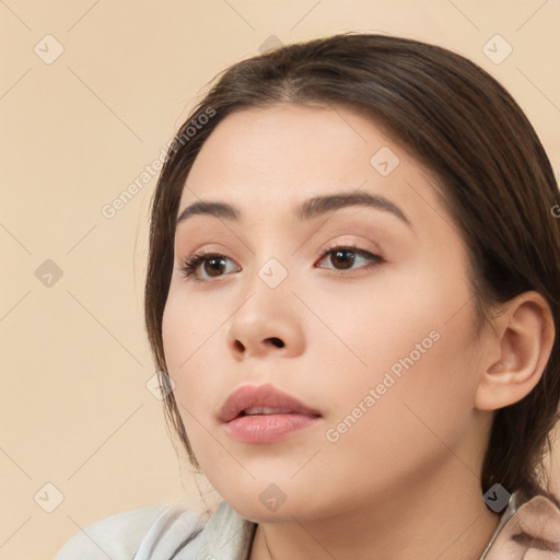 Neutral white young-adult female with medium  brown hair and brown eyes