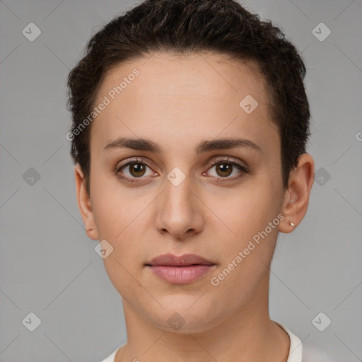 Neutral white young-adult female with short  brown hair and brown eyes