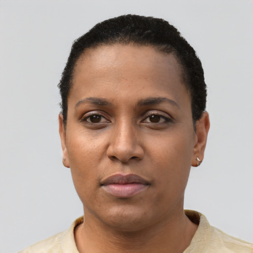 Neutral black young-adult female with short  black hair and brown eyes
