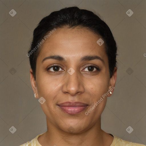 Joyful latino young-adult female with short  brown hair and brown eyes