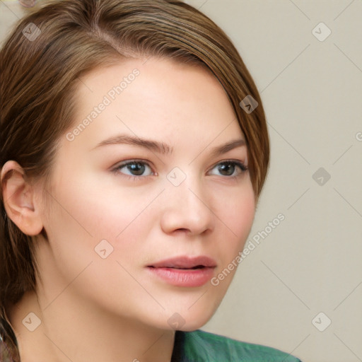 Neutral white young-adult female with medium  brown hair and brown eyes