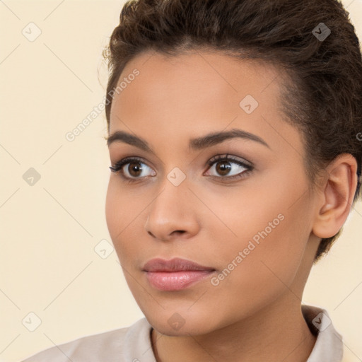 Neutral white young-adult female with short  brown hair and brown eyes