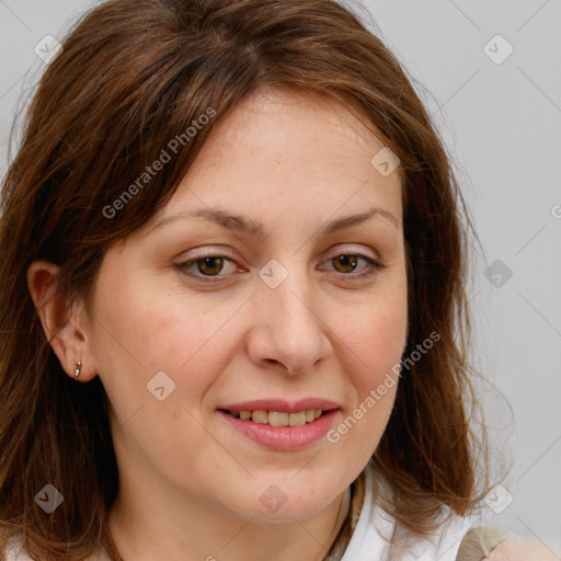 Joyful white young-adult female with medium  brown hair and blue eyes