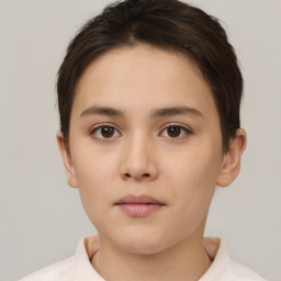 Neutral white young-adult female with short  brown hair and brown eyes