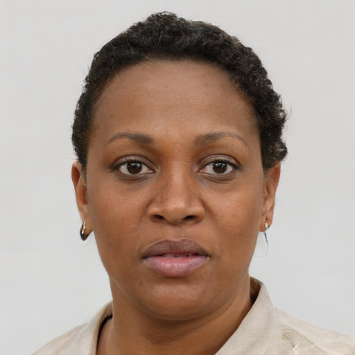 Neutral black adult female with short  brown hair and brown eyes