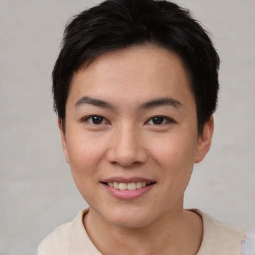 Joyful asian young-adult female with short  brown hair and brown eyes