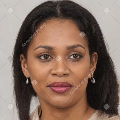 Joyful black young-adult female with medium  brown hair and brown eyes