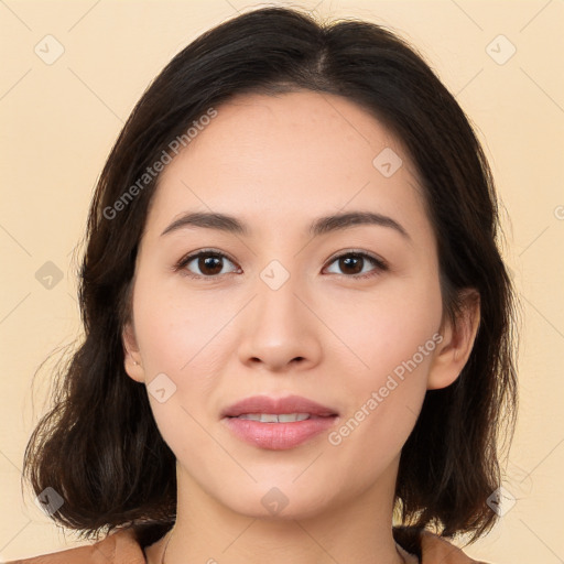 Joyful white young-adult female with medium  brown hair and brown eyes