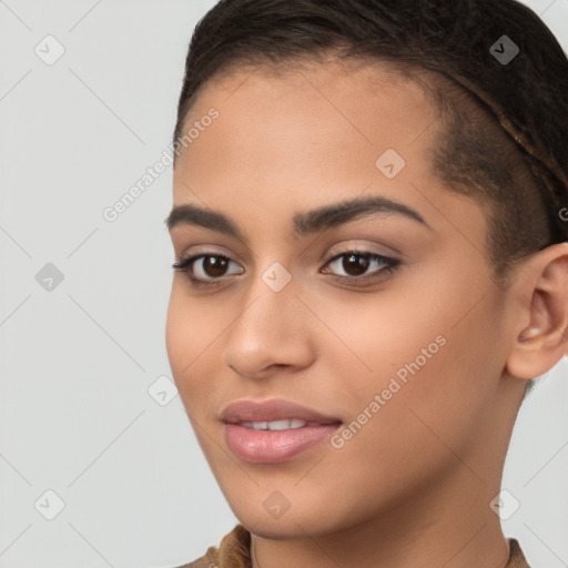 Joyful white young-adult female with short  brown hair and brown eyes