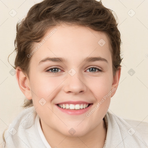 Joyful white child female with short  brown hair and brown eyes