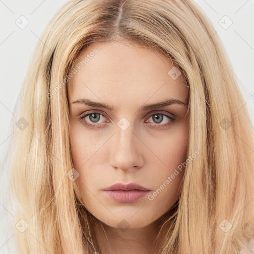 Neutral white young-adult female with long  brown hair and brown eyes