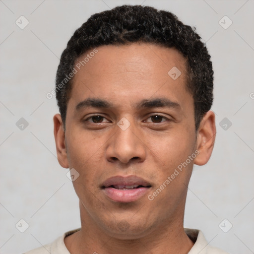 Neutral latino young-adult male with short  black hair and brown eyes