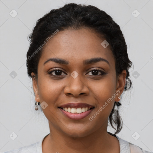 Joyful latino young-adult female with short  black hair and brown eyes