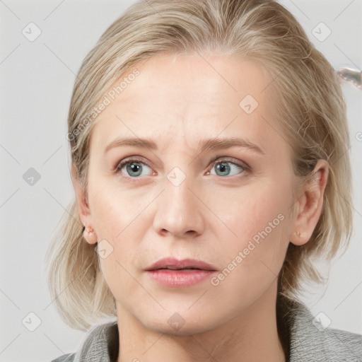 Neutral white young-adult female with medium  brown hair and blue eyes