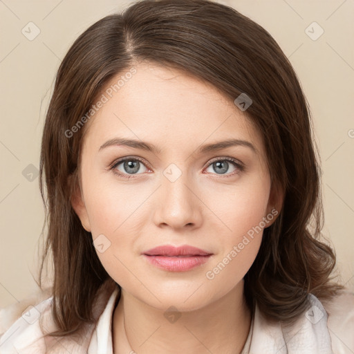 Neutral white young-adult female with medium  brown hair and brown eyes