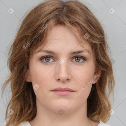 Neutral white young-adult female with medium  brown hair and green eyes