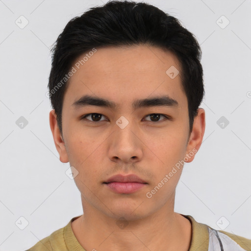 Neutral asian young-adult male with short  black hair and brown eyes