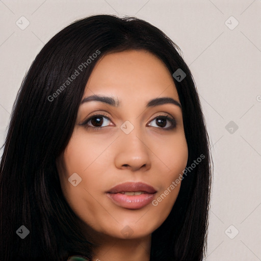 Neutral latino young-adult female with long  black hair and brown eyes