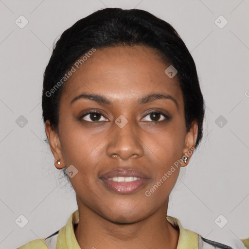 Joyful latino young-adult female with short  black hair and brown eyes