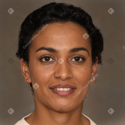 Joyful latino young-adult female with short  brown hair and brown eyes