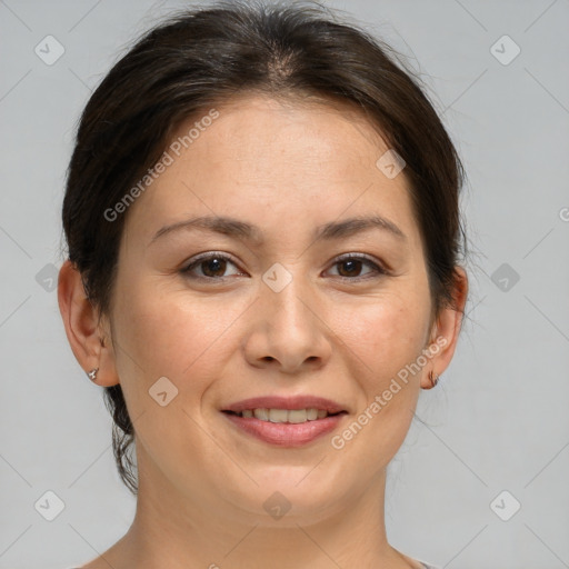 Joyful white adult female with medium  brown hair and brown eyes