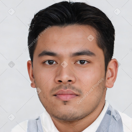 Neutral asian young-adult male with short  black hair and brown eyes