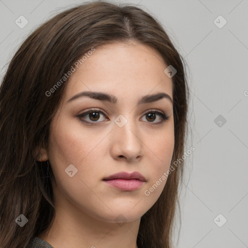 Neutral white young-adult female with long  brown hair and brown eyes