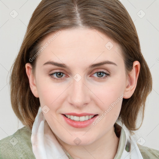 Joyful white young-adult female with medium  brown hair and blue eyes