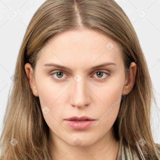 Neutral white young-adult female with long  brown hair and brown eyes