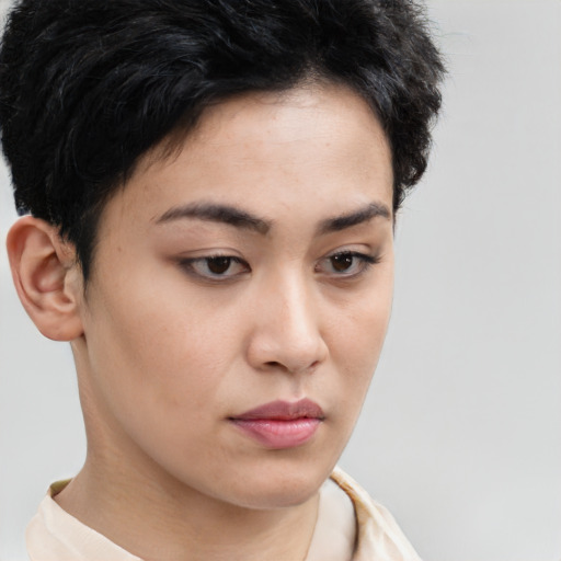 Neutral asian young-adult female with short  brown hair and brown eyes