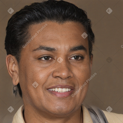 Joyful latino adult male with short  brown hair and brown eyes