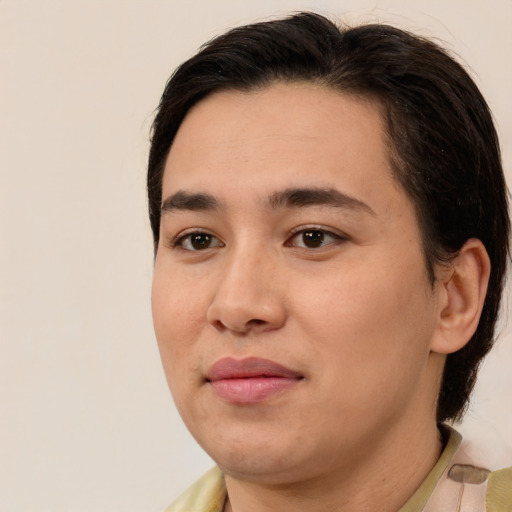 Joyful white young-adult male with medium  brown hair and brown eyes