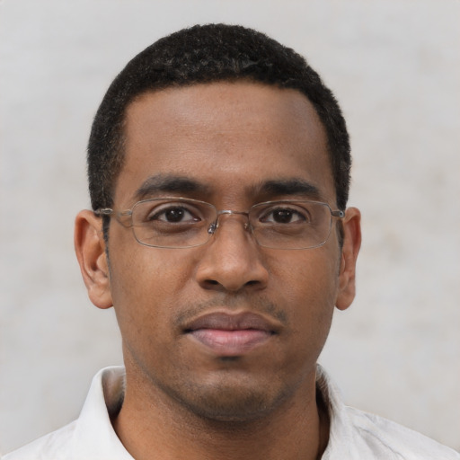Neutral black young-adult male with short  black hair and brown eyes
