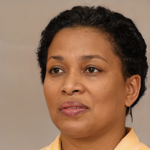Joyful black adult female with short  brown hair and brown eyes