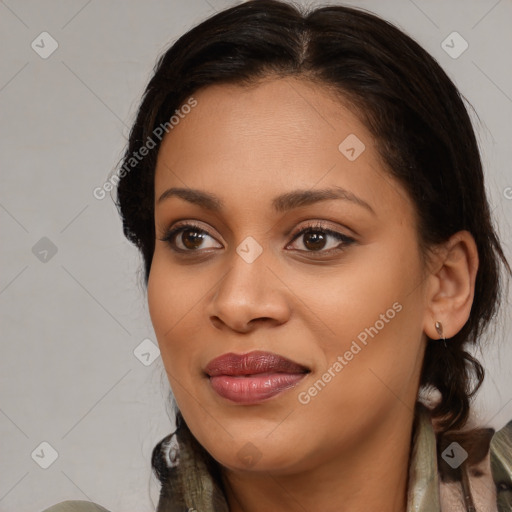 Joyful black young-adult female with medium  brown hair and brown eyes