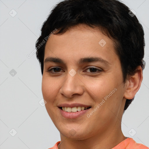 Joyful white young-adult female with short  brown hair and brown eyes